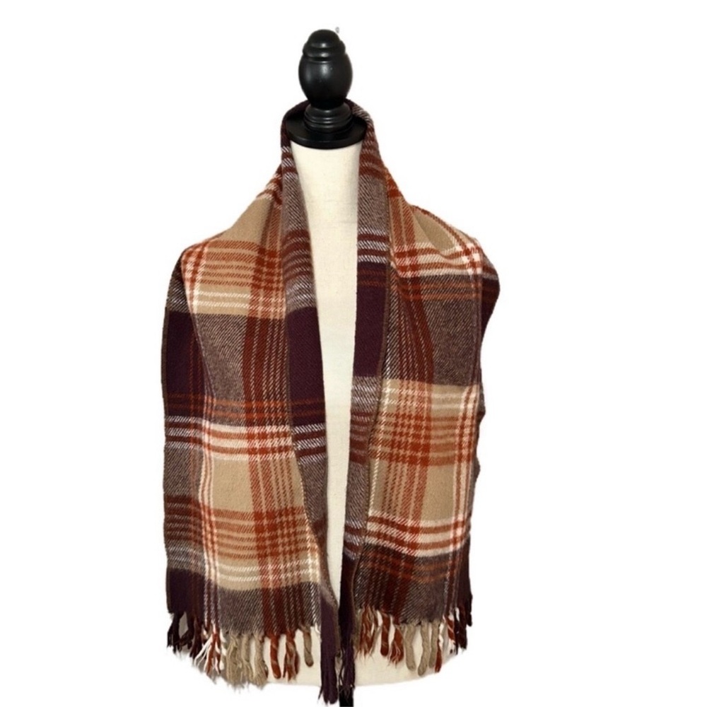 Plaid Fringe Scarf in Brown and Cream